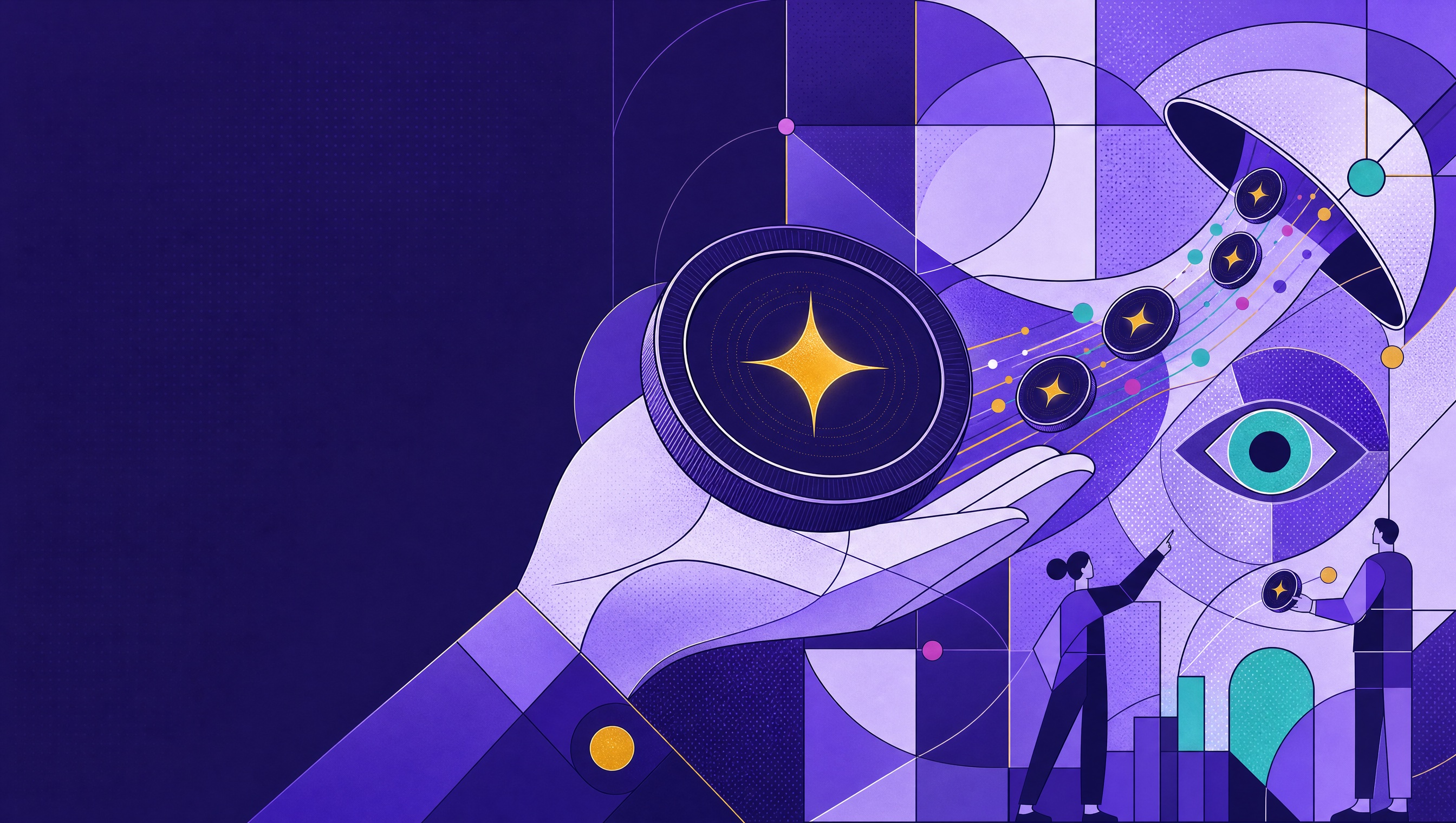 Illustratie: een hand houdt een AI-token vast, met een stroom tokens door een trechter